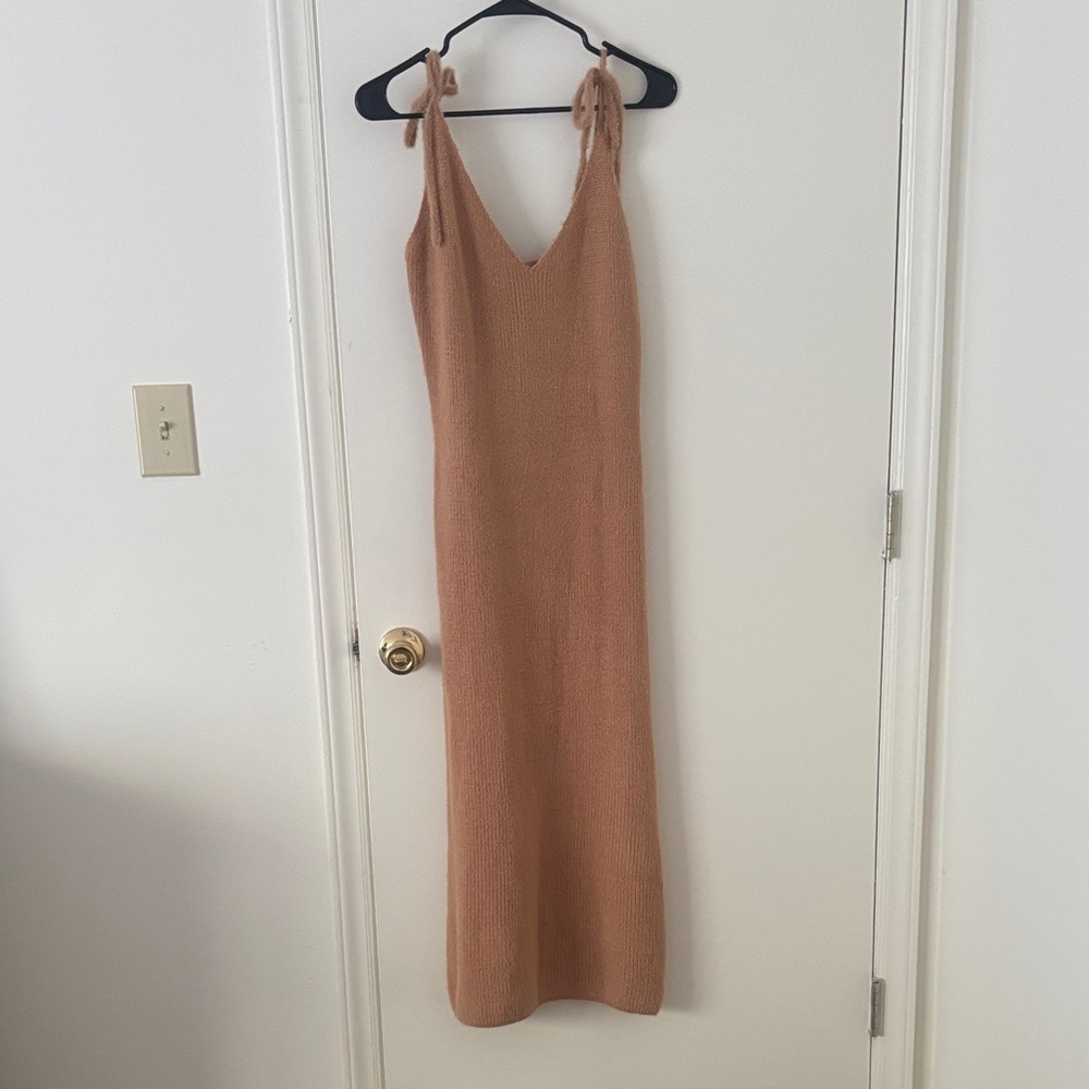 Revolve Fur Tie-Shoulder Sweater Midi Dress in Camel